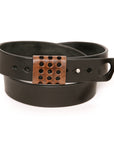 CUFF Moto English bridle leather belt in black old steel cuff, laid flat