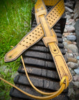Vintage BP leather guitar strap in Burnt Thistle, side view