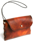 LINKED pouch in premium English bridle leather, woven gusset, 70's sunburst dye, back view