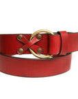 X&O English bridle leather belt in vintage red & brass, laid flat