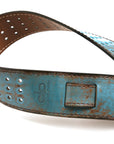 Vintage BP Guitar Strap in vegetable-tanned leather, burnished edges, strap end and hardware detail
