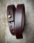 Double wrap cuff in 8oz English bridle leather with stainless-steel hardware, further detail view