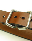 KM Double Loop English bridle leather belt in medium brown, edge detail