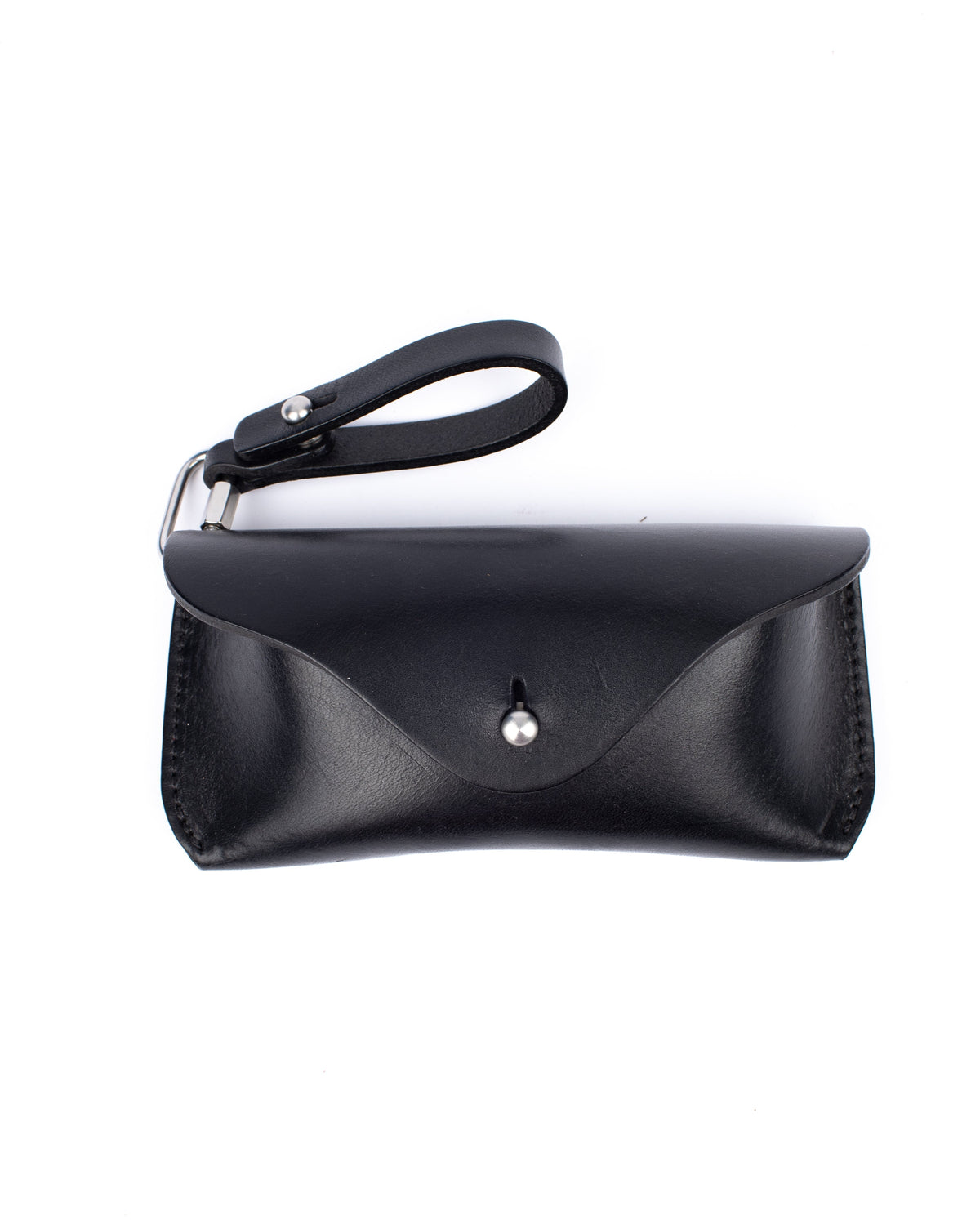 Black full-grain leather hard eyeglass case.