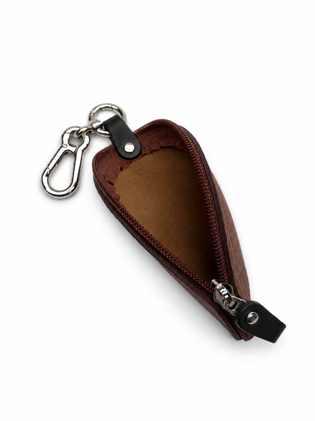 TACO leather key pouch in Summer Tan, open to show the lining