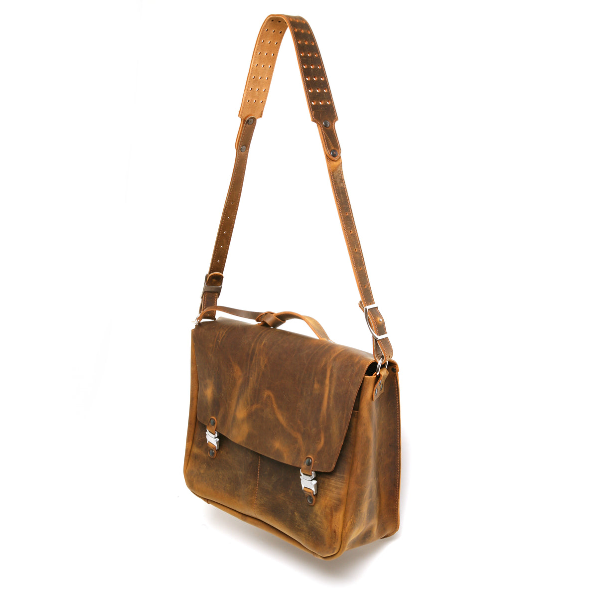 Bacula Messenger bag in full leather construction (structured black leather, pull-up and smooth finish), reinforced with military-grade quick-release buckles and gunmetal rivets at stress points with riveted construction, additional view