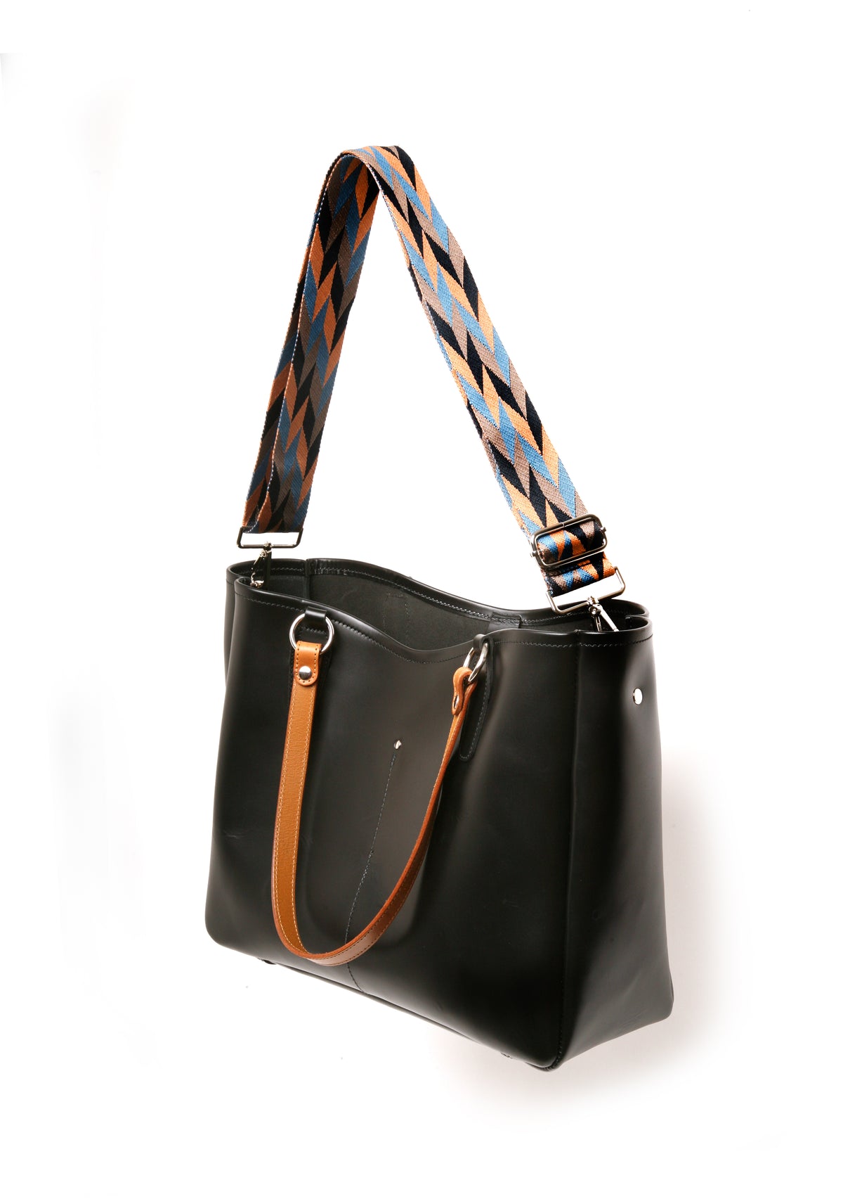BESSO leather tote bag in black, hanging, side view
