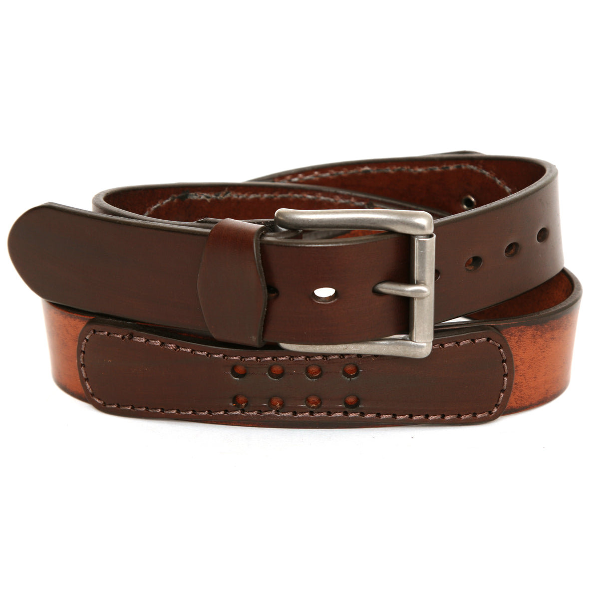 CHICANE Moto belt in English bridle leather, reinforced with an additional patch with stainless-steel hardware, alternate angle