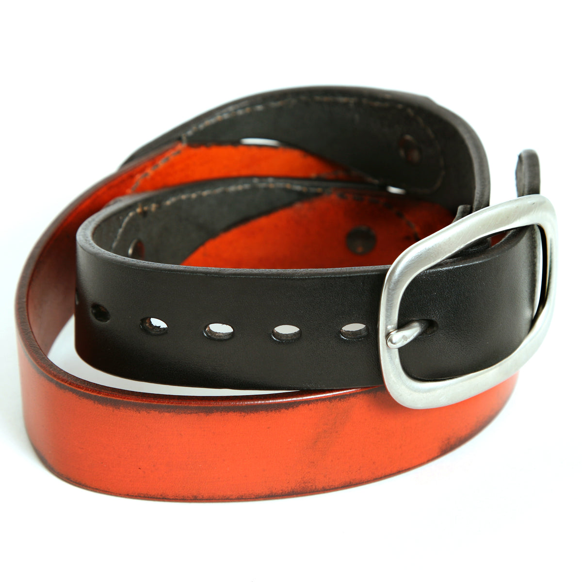 CHICANE Belt in 12-13oz English bridle leather, reverse side showing keeper loop