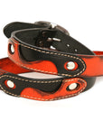 CHICANE English bridle leather belt in orange & black, laid flat