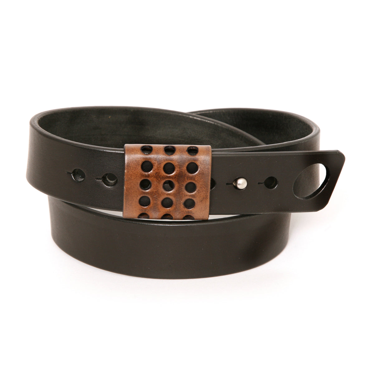 Cuff Moto Belt in leather (buckle-free cuff design), laid flat, full length