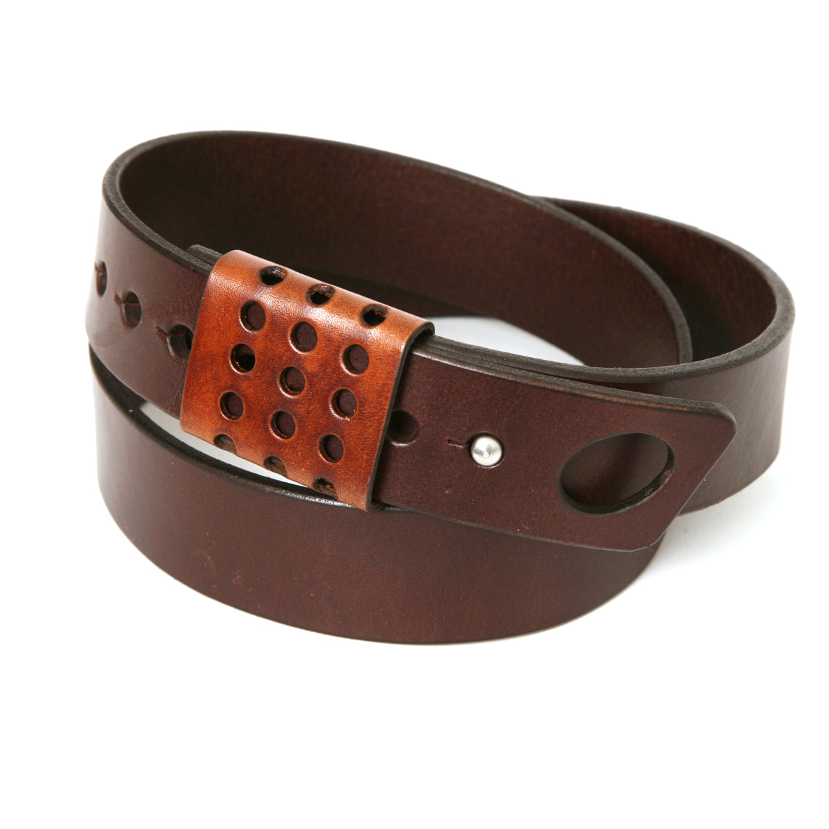 Cuff Moto Belt in leather (buckle-free cuff design), reverse side showing keeper loop