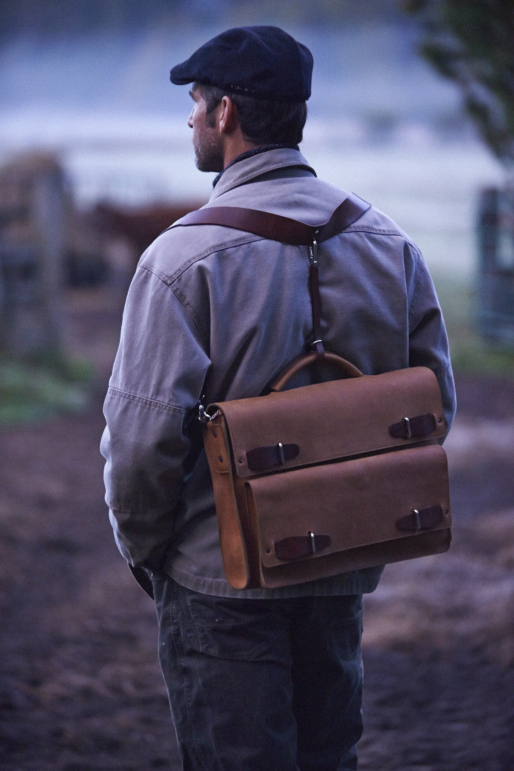 Urba Briefcase Messenger - Bark Brown converted to backpack