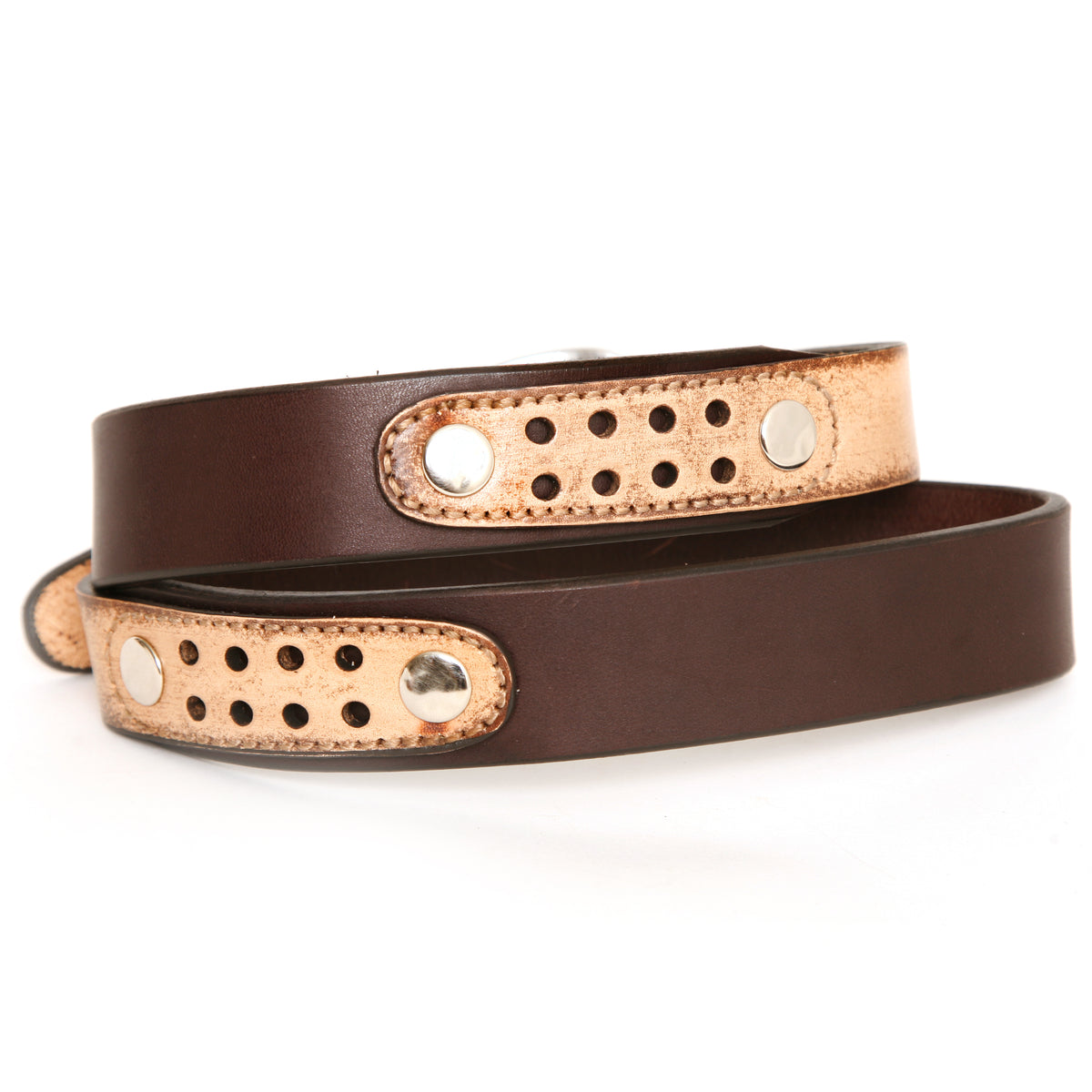 DAKAR Belt in English bridle leather, laid flat, full length
