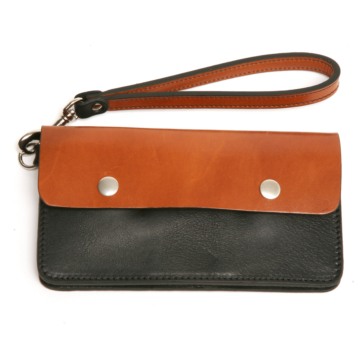 A brown, rectangular-shaped leather wallet with a metal clasp and a wristlet strap, displayed against a white background.