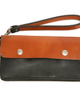 A brown, rectangular-shaped leather wallet with a metal clasp and a wristlet strap, displayed against a white background.