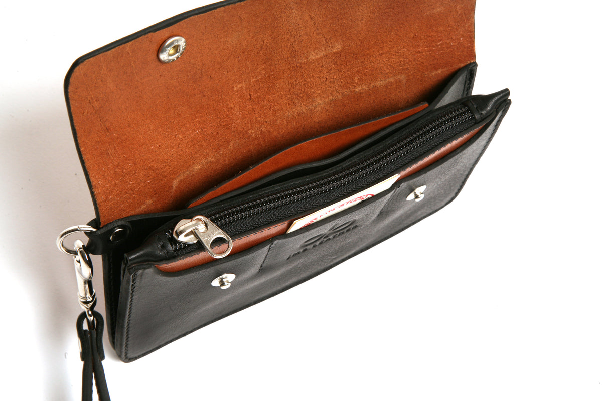 DAWN 2 leather wallet in tan and black, interior from the top