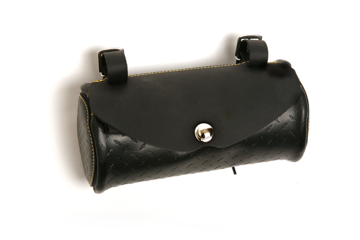 A black leather cycling handlebar bag with stainless-steel buckles and a wind/rain flap.