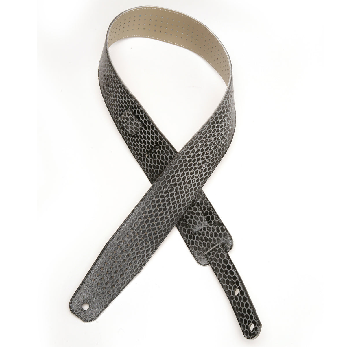 NOVA Guitar strap in Italian embossed leather, fully lined with leather, burnished edges, laid flat, full length