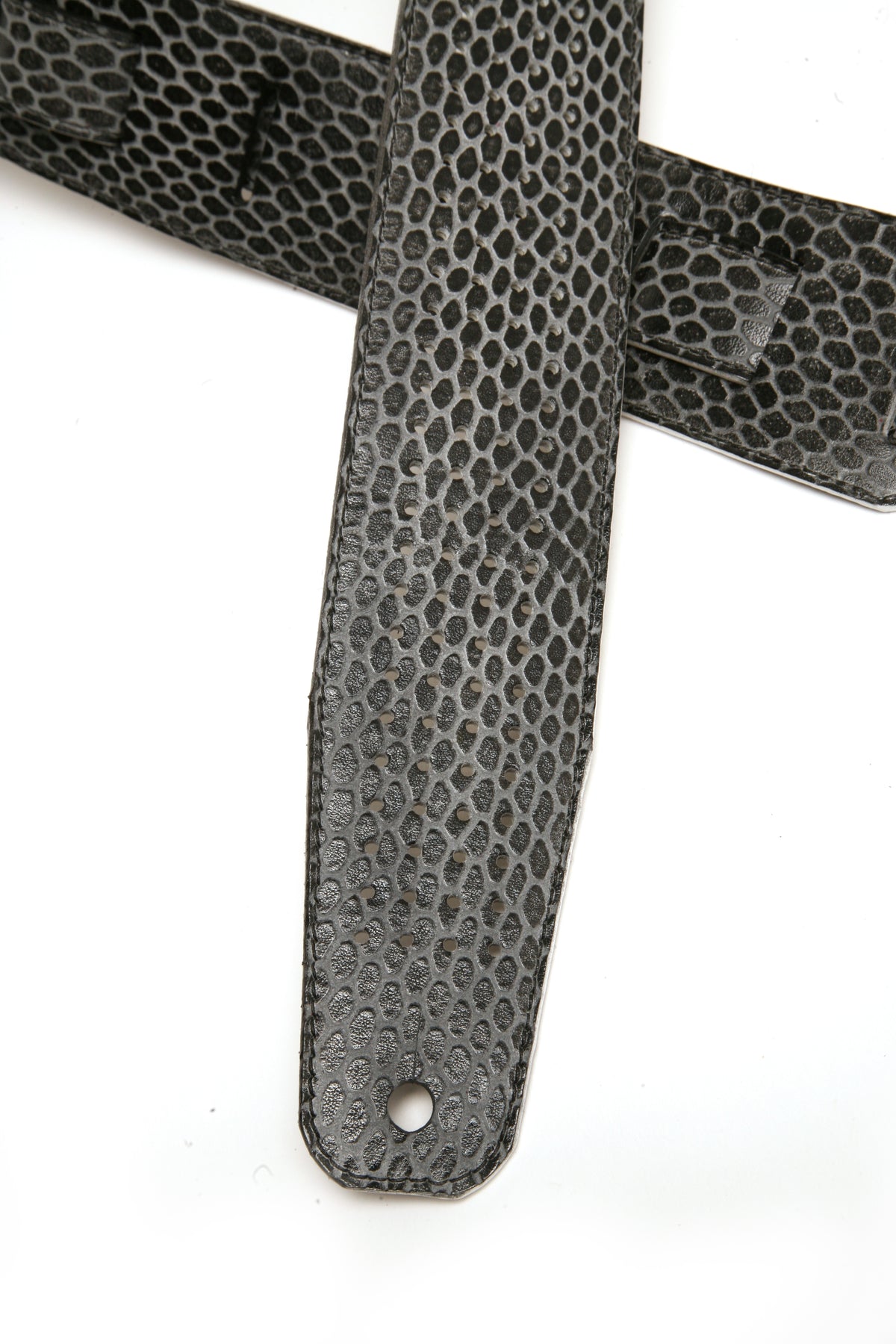NOVA Guitar strap in Italian embossed leather, fully lined with leather, burnished edges, strap end and hardware detail