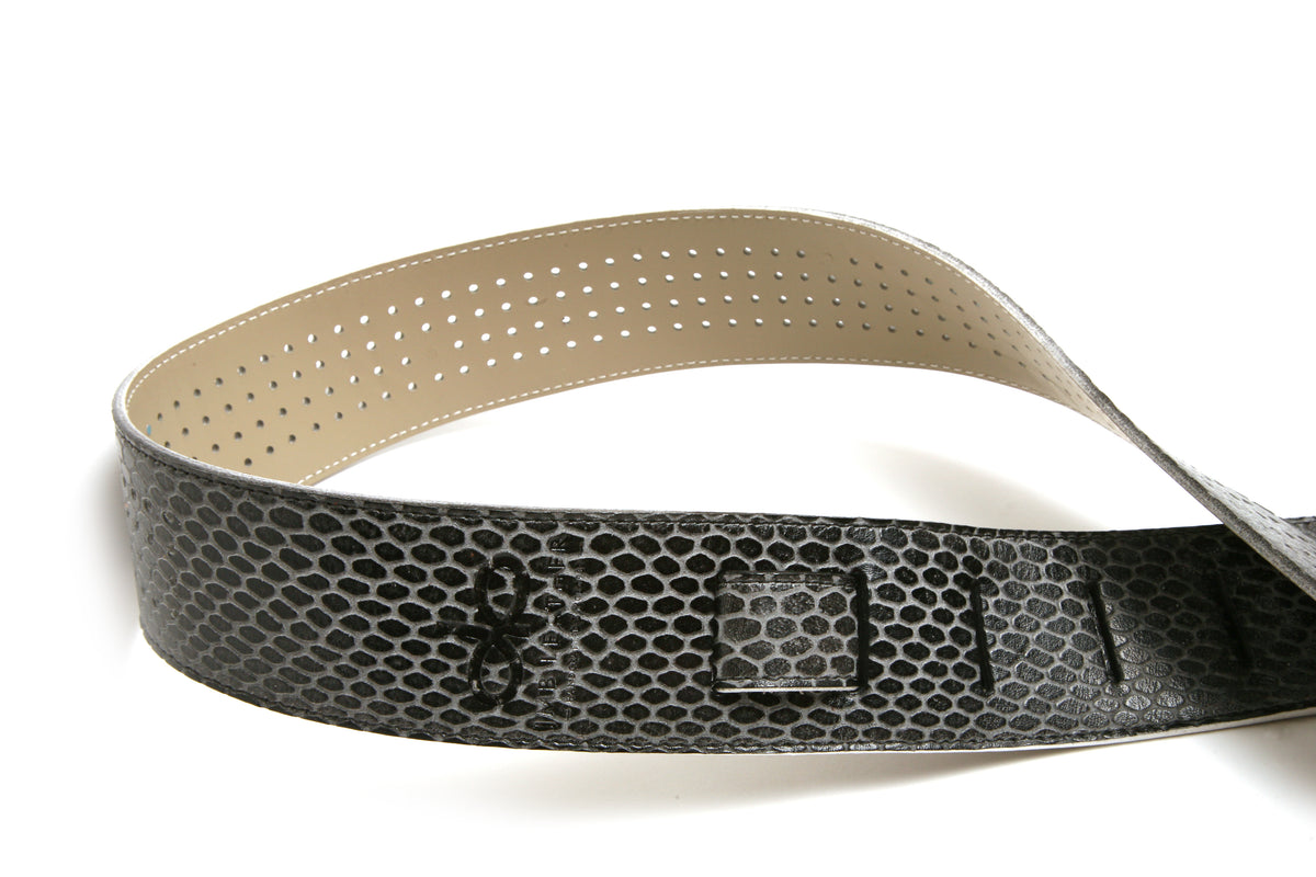 NOVA Guitar strap in Italian embossed leather, fully lined with leather, burnished edges, leather texture detail