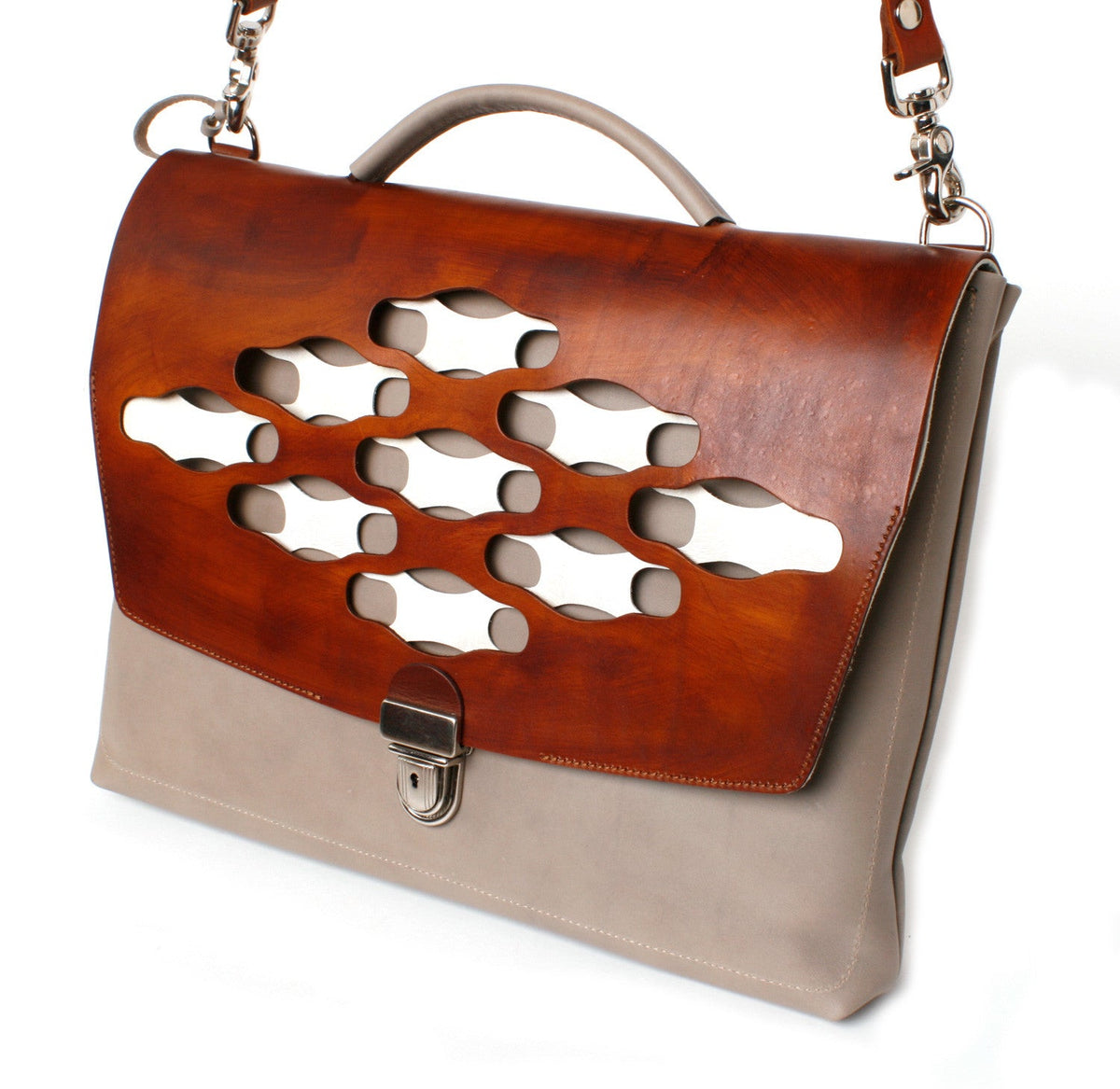 H Satchel Grey Lattice side