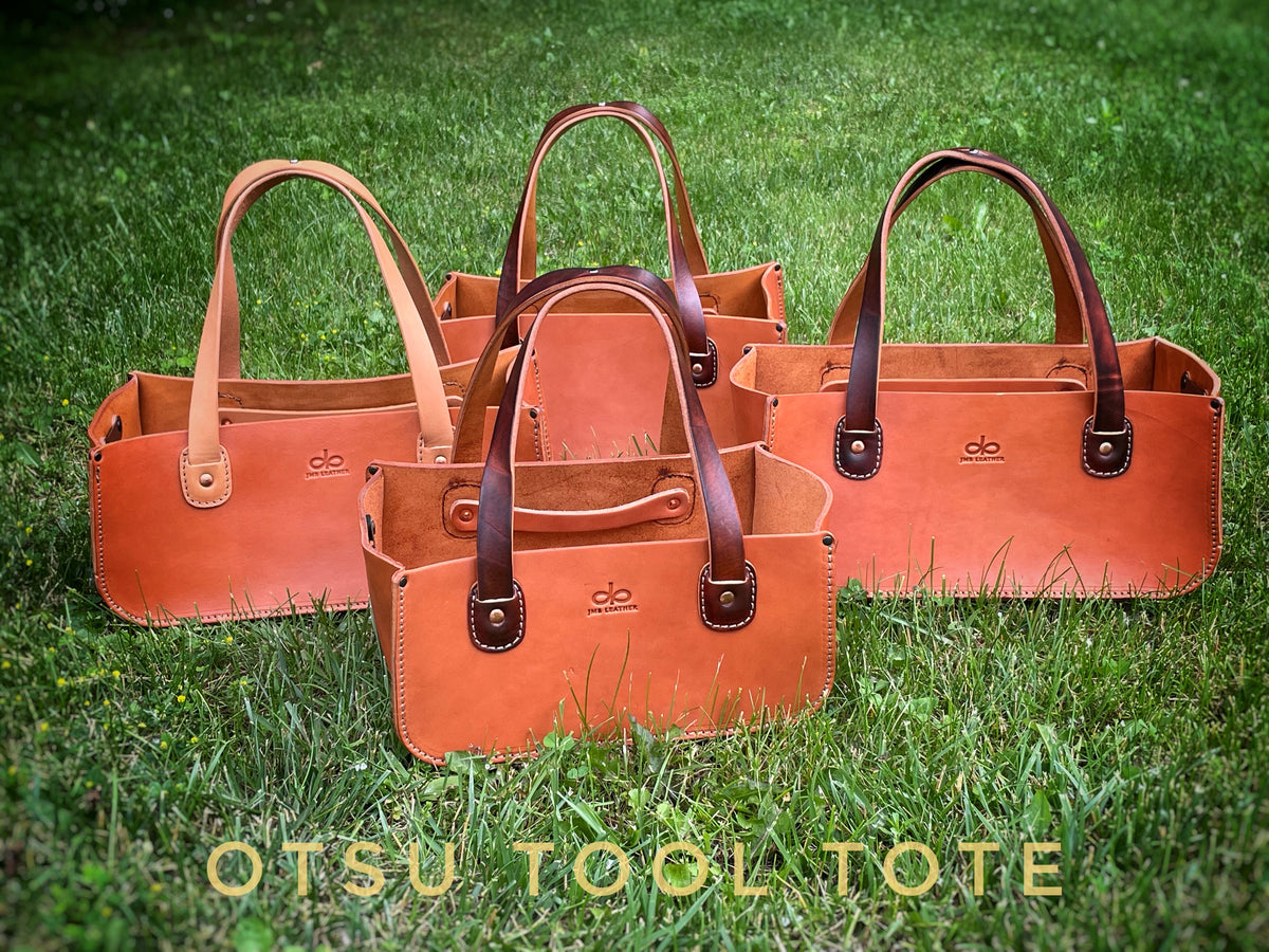 Otsu handyman tool tote bag in thick vegetable-tanned leather, side view