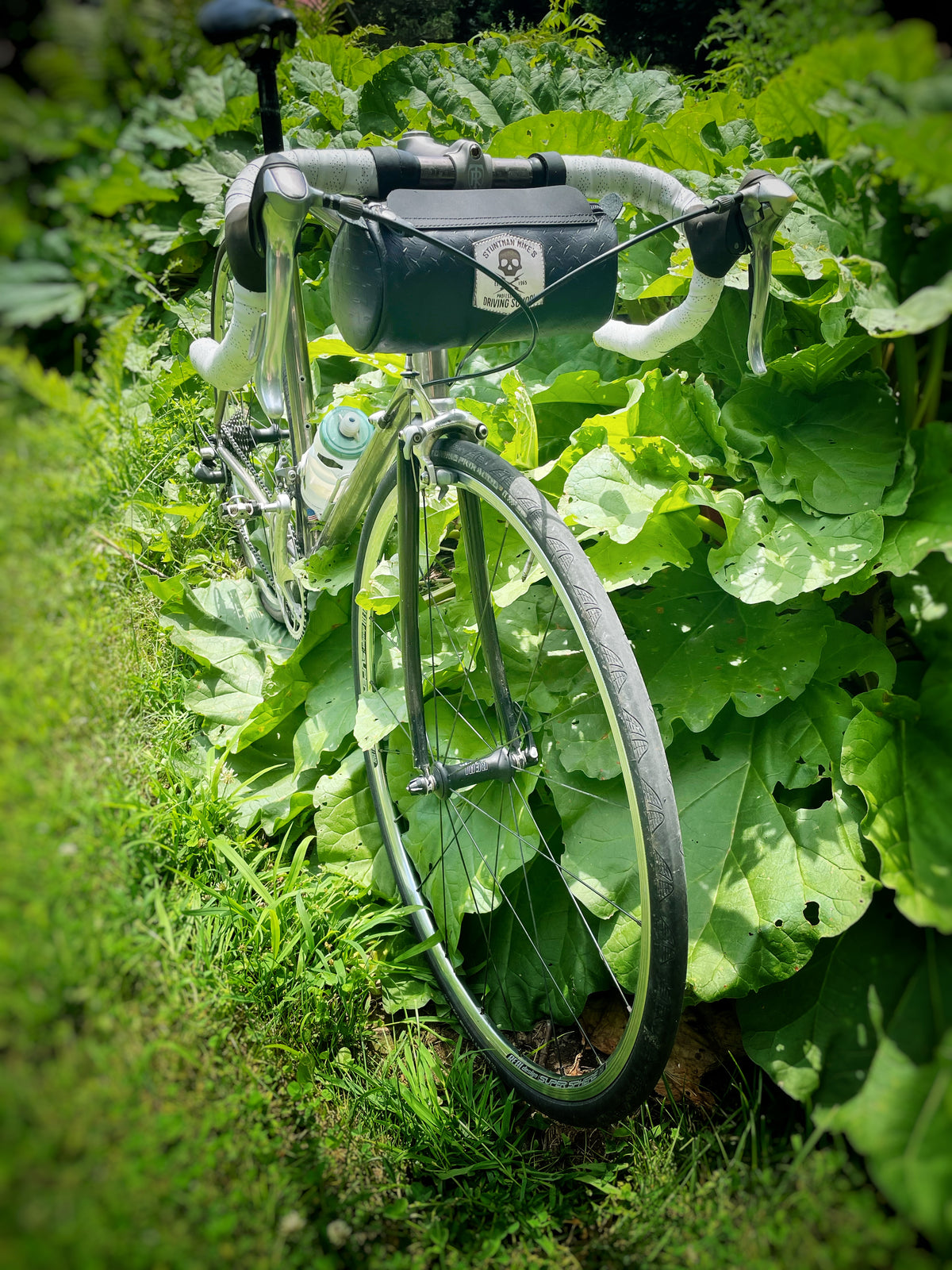 A black leather bicycle bag attached to the front of a bicycle, with stainless-steel buckles and a brass snap flap.