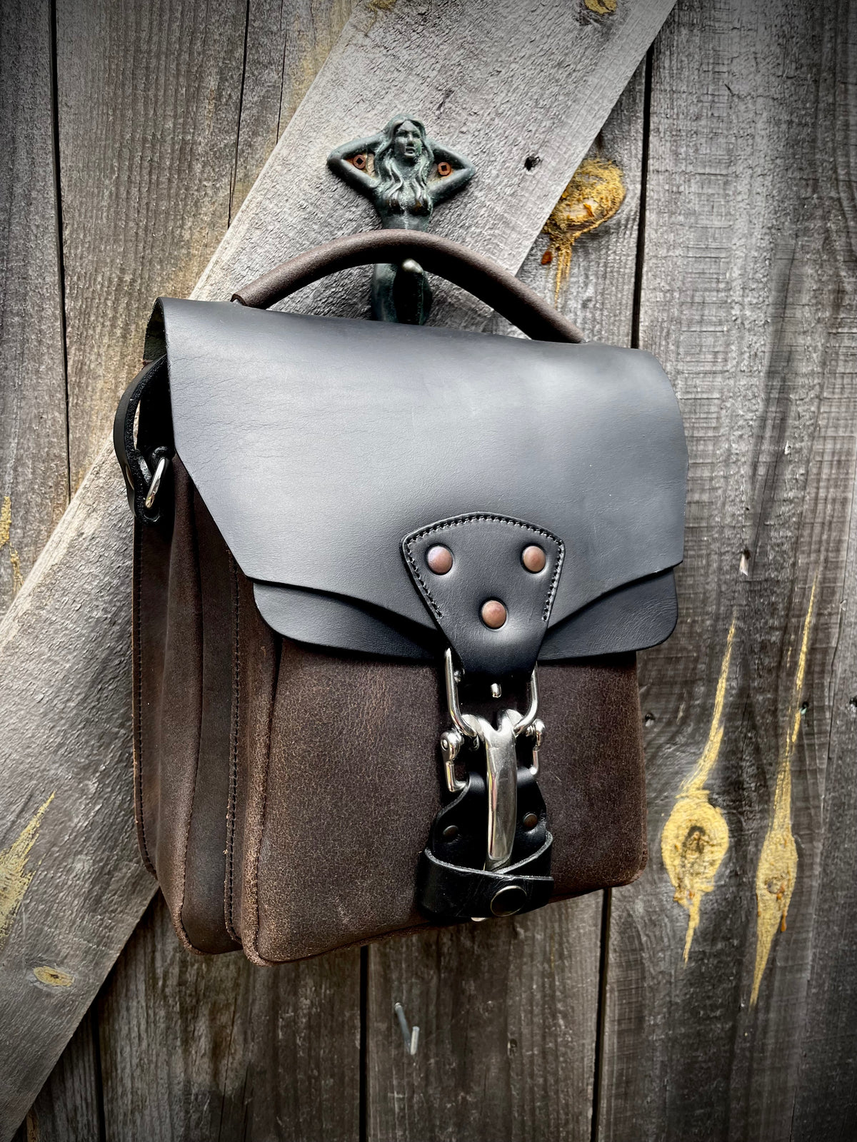 Mantis vintage tan &amp; crazy horse brown bag in English bridle and heavy crazy horse leather with stainless-steel hardware, alternate angle