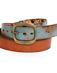 ERIN SHOW English bridle leather belt in two-tone rusted blue & old brown, buckle detail