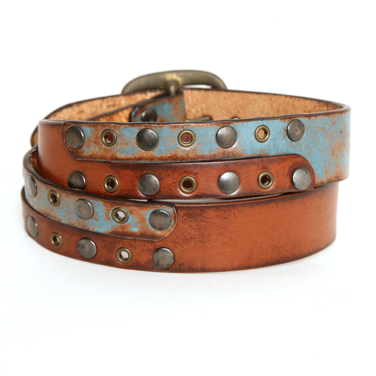 ERIN SHOW classic jean belt in 12oz English bridle leather, laid flat, full length