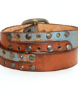 ERIN SHOW English bridle leather belt in two-tone rusted blue & old brown, laid flat