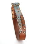 ERIN SHOW English bridle leather belt in two-tone rusted blue & old brown, back