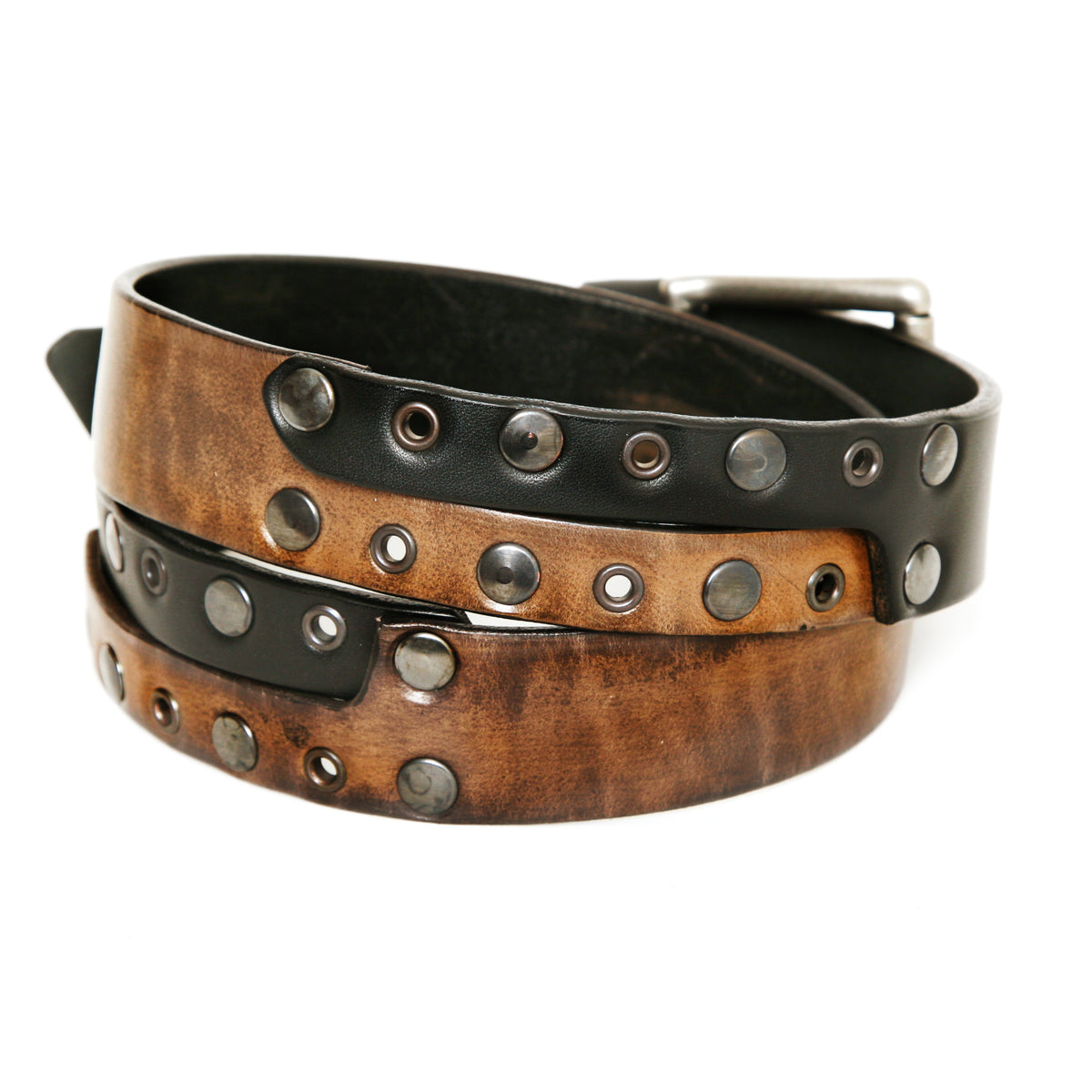 A brown and black leather belt with a stainless steel roller buckle, featuring metallic studs and holes for adjustment.