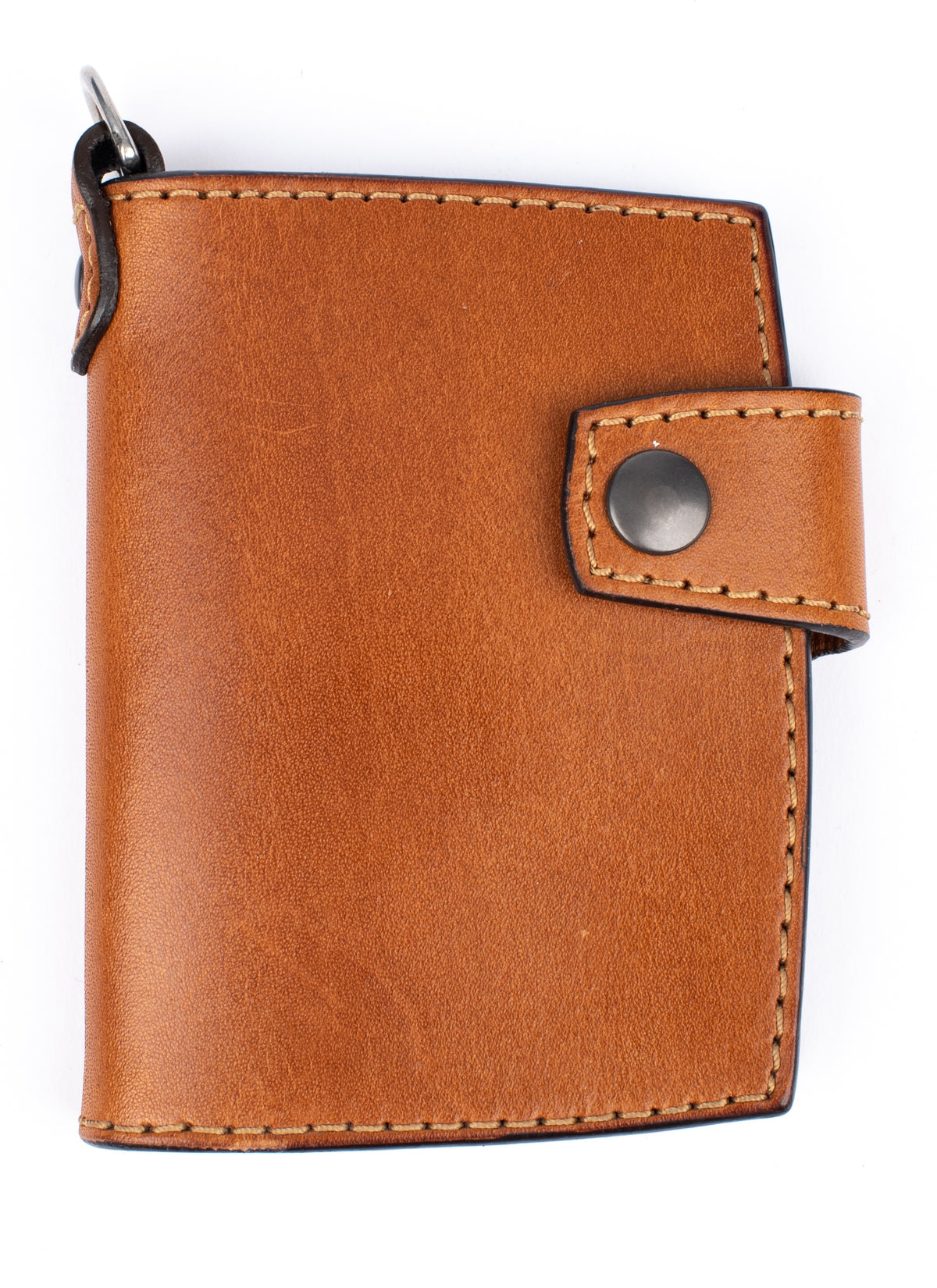 A small brown leather wallet with a snap-button strap closure and a metal ring at the top, shown on a plain white background.