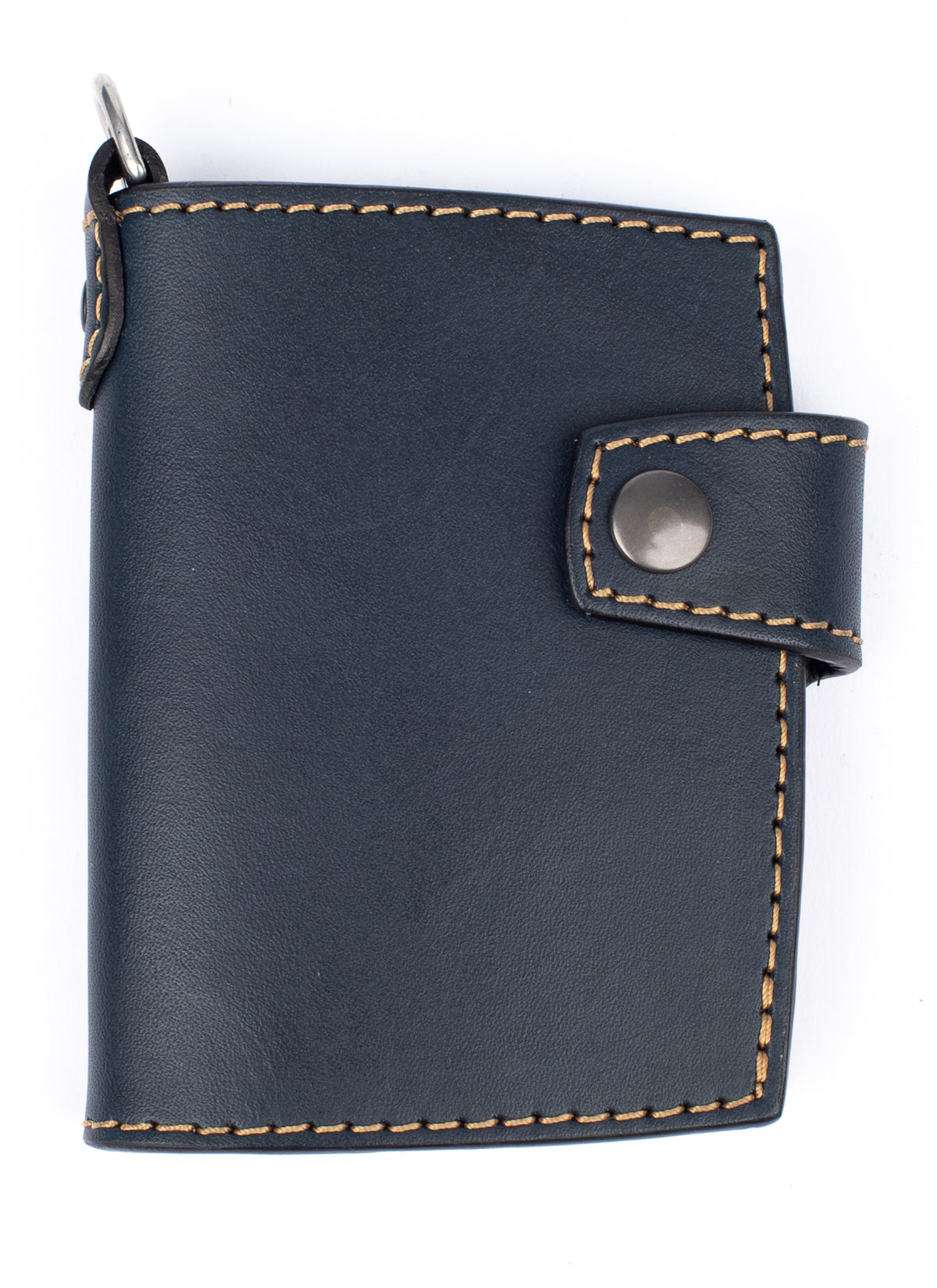 A dark navy blue leather wallet with light tan contrast stitching and a snap-button strap closure, shown on a plain white background.