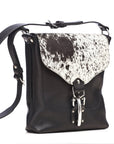KUURU LG leather shoulder bag in black with hair-on flap, detail