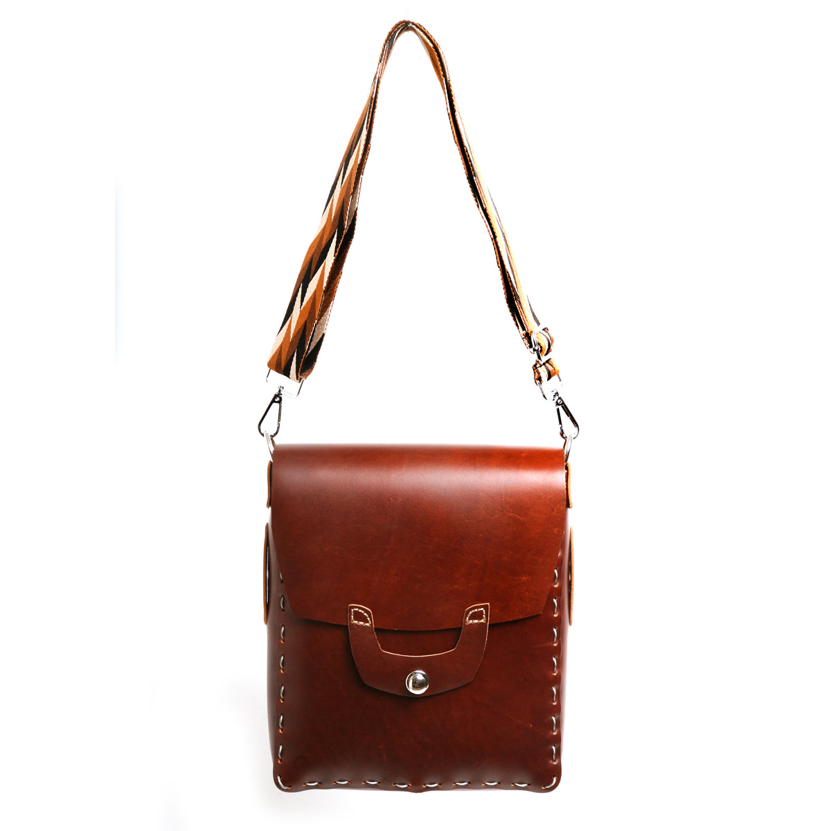 KEBURU satchel bag in top-grain leather, hand-stitched with stainless steel cable, back view
