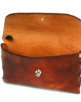 LINKED pouch in premium English bridle leather, woven gusset, 70's sunburst dye, interior compartment