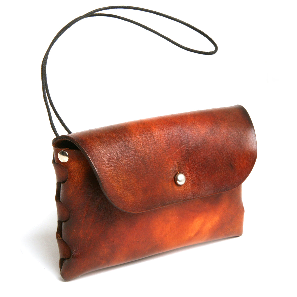 LINKED pouch in premium English bridle leather, woven gusset, 70's sunburst dye, back view