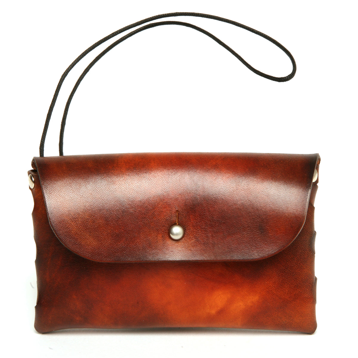 LINKED pouch in premium English bridle leather, woven gusset, 70's sunburst dye, front view