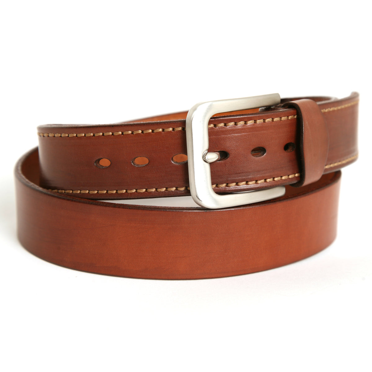 SID Belt in 12-13oz English bridle leather, laid flat, full length