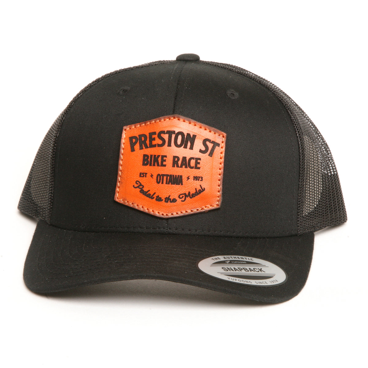 CUSTOM snapback cap in leather, front view