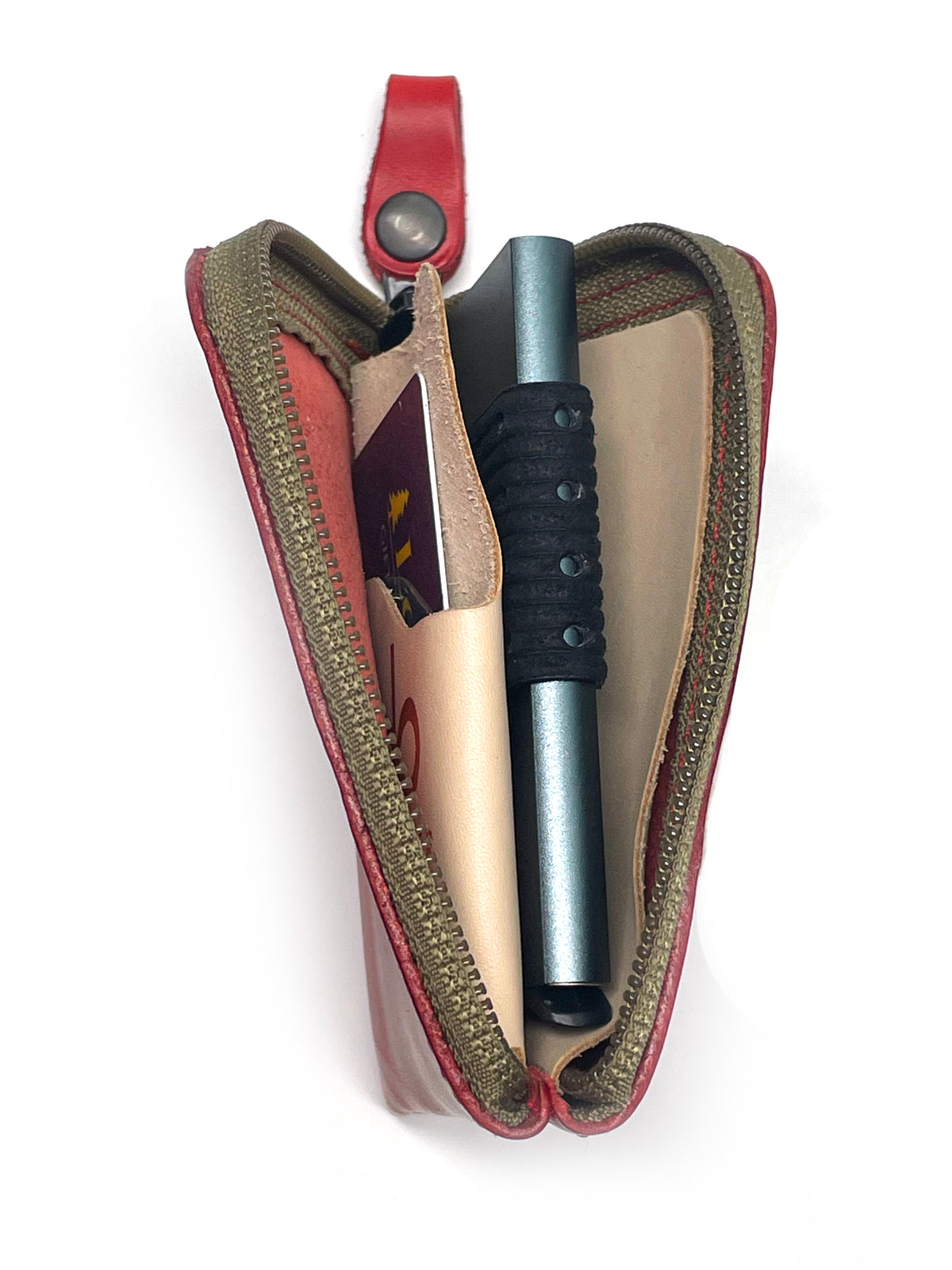 Zip Wallet Norse Themed with an RFID 6 card case in Italian vegetable-tanned leather, close-up detail