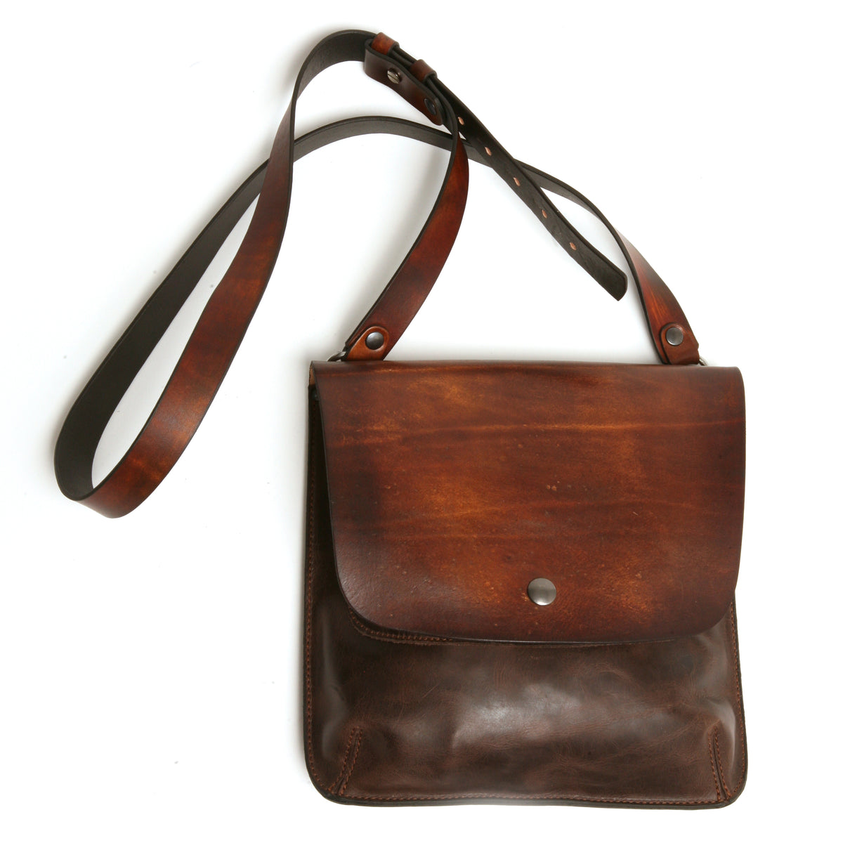 ROSCO satchel bag in vegetable-tanned leather (flap) with softer leather (main body), front view
