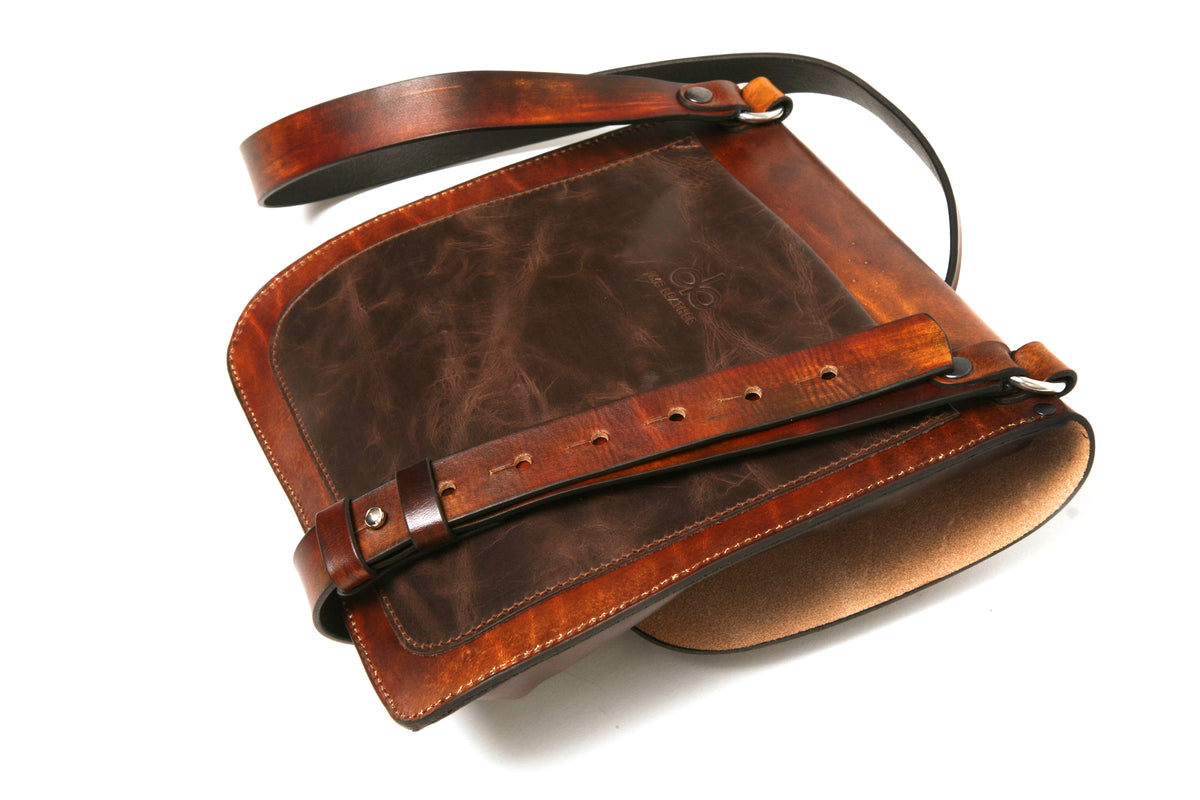 ROSCO satchel bag in vegetable-tanned leather (flap) with softer leather (main body), interior compartment