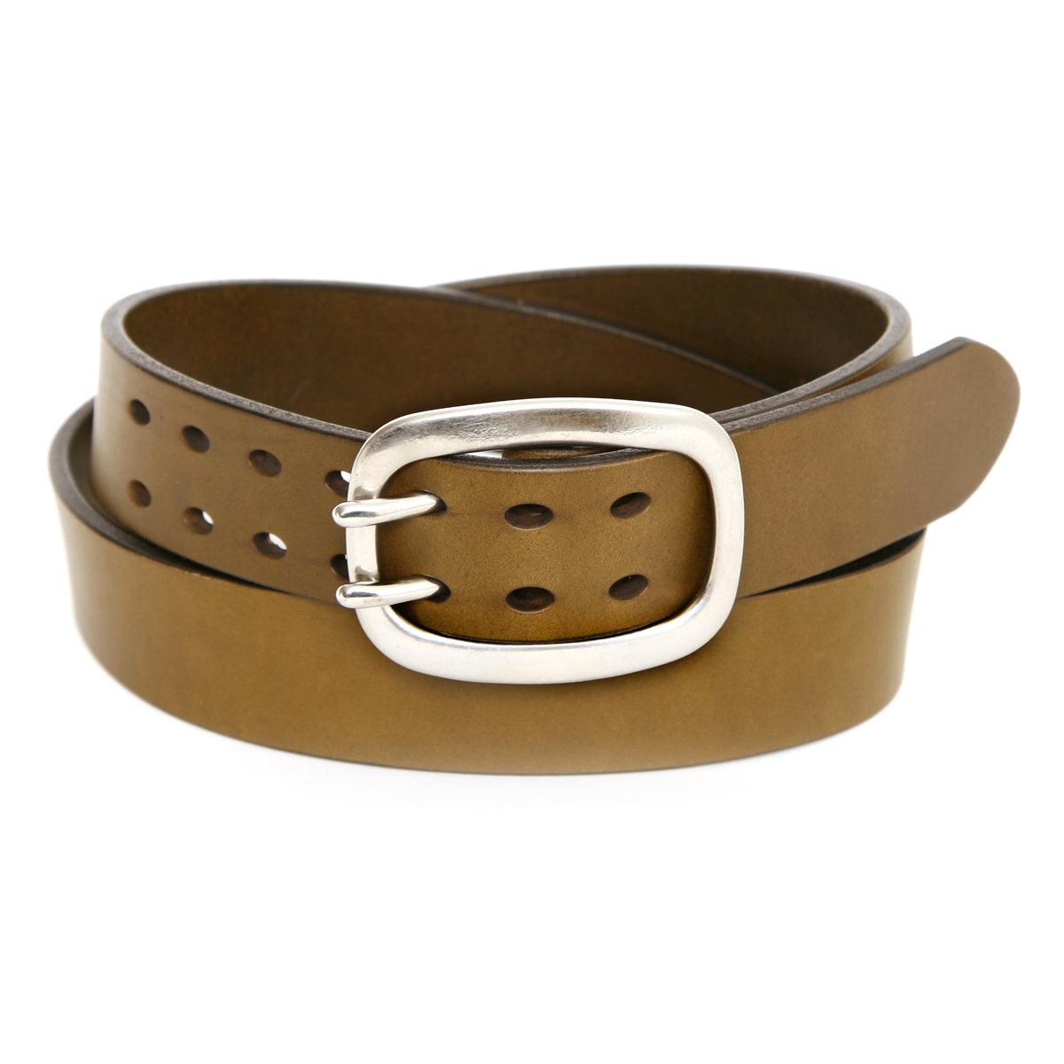 SHOW DOUBLE classic belt in English bridle leather, laid flat, full length