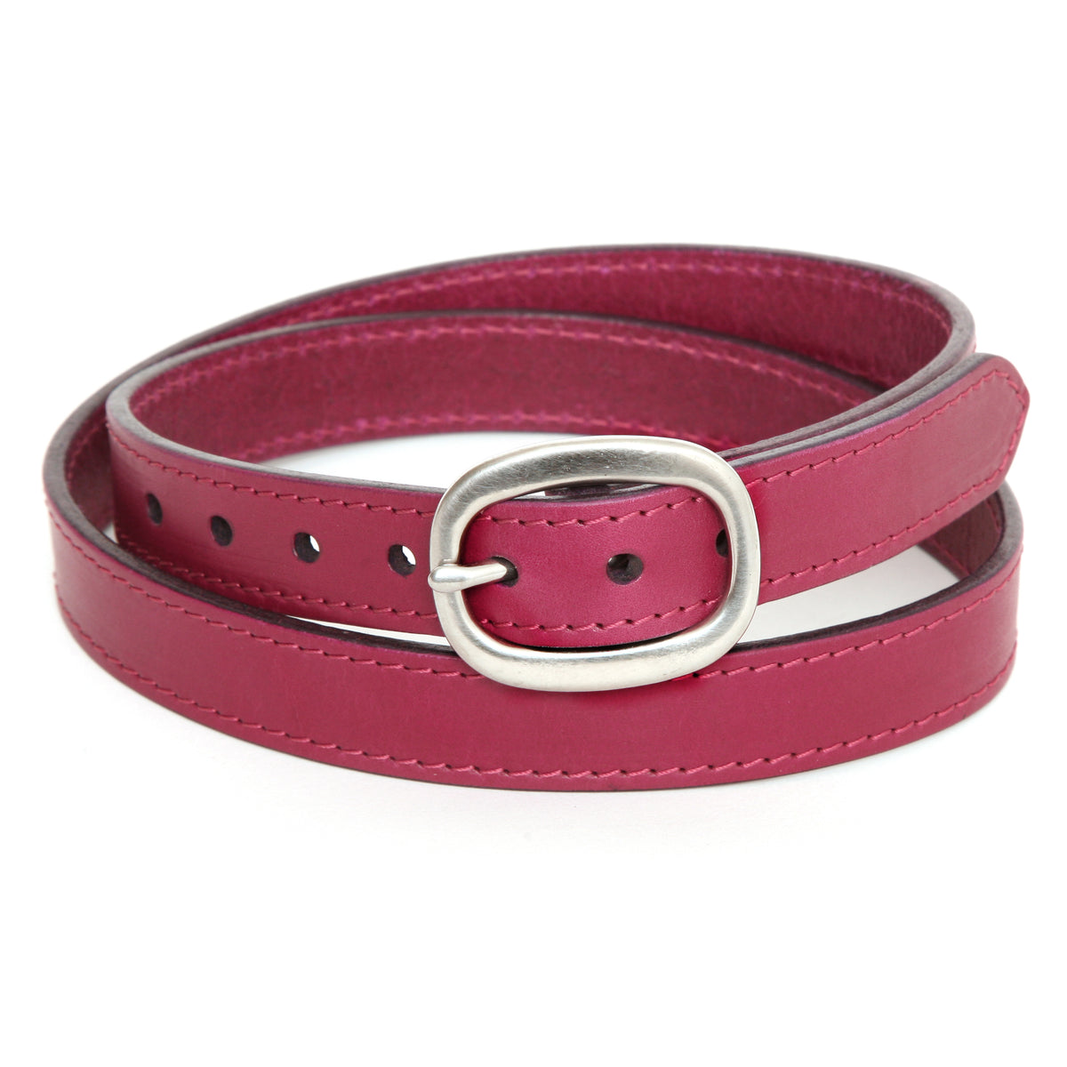 SHOW classic narrow stitched belt in 12oz English bridle leather, laid flat, full length