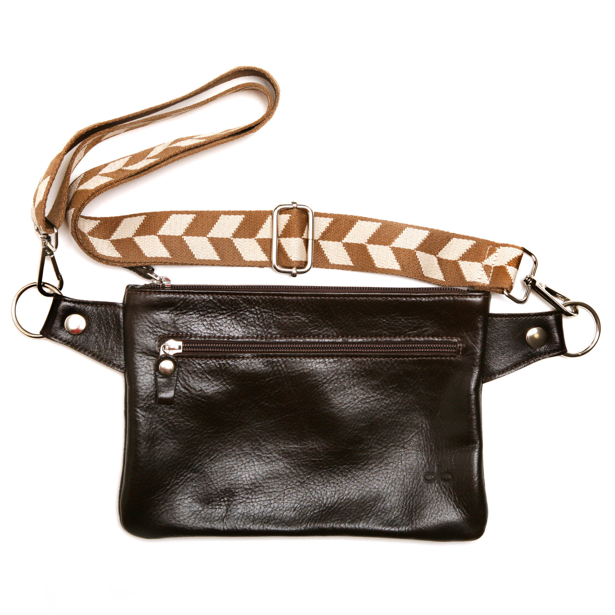 Flat Sling crossbody bag in leather with harness hardware, back view