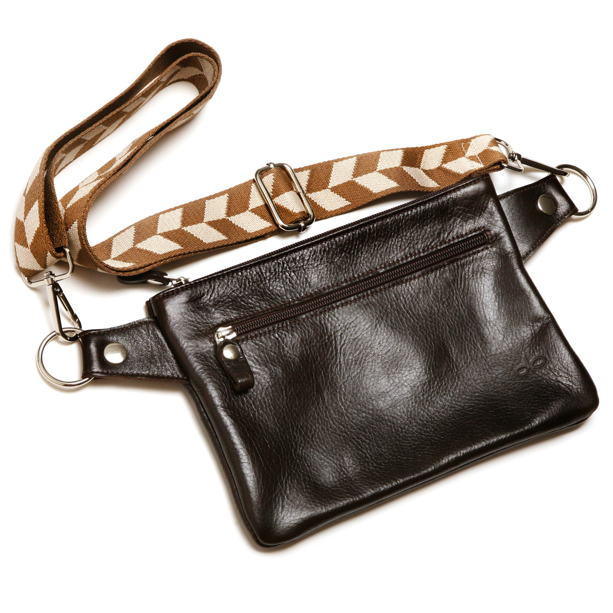 Flat Sling crossbody bag in leather with harness hardware, side view